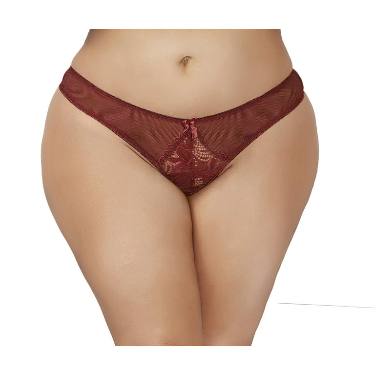 Lacy Line Plus Size Sexy Lace And Net Crotchless Thong Panties With Bows