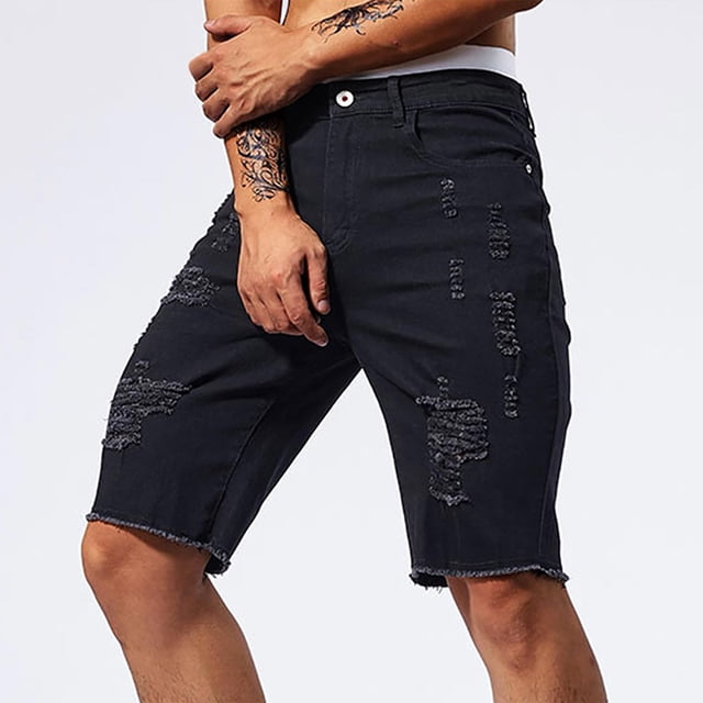 Men's Casual Fashion Perforated Pocket Solid Color Elastic Tight Fitting Denim Shorts