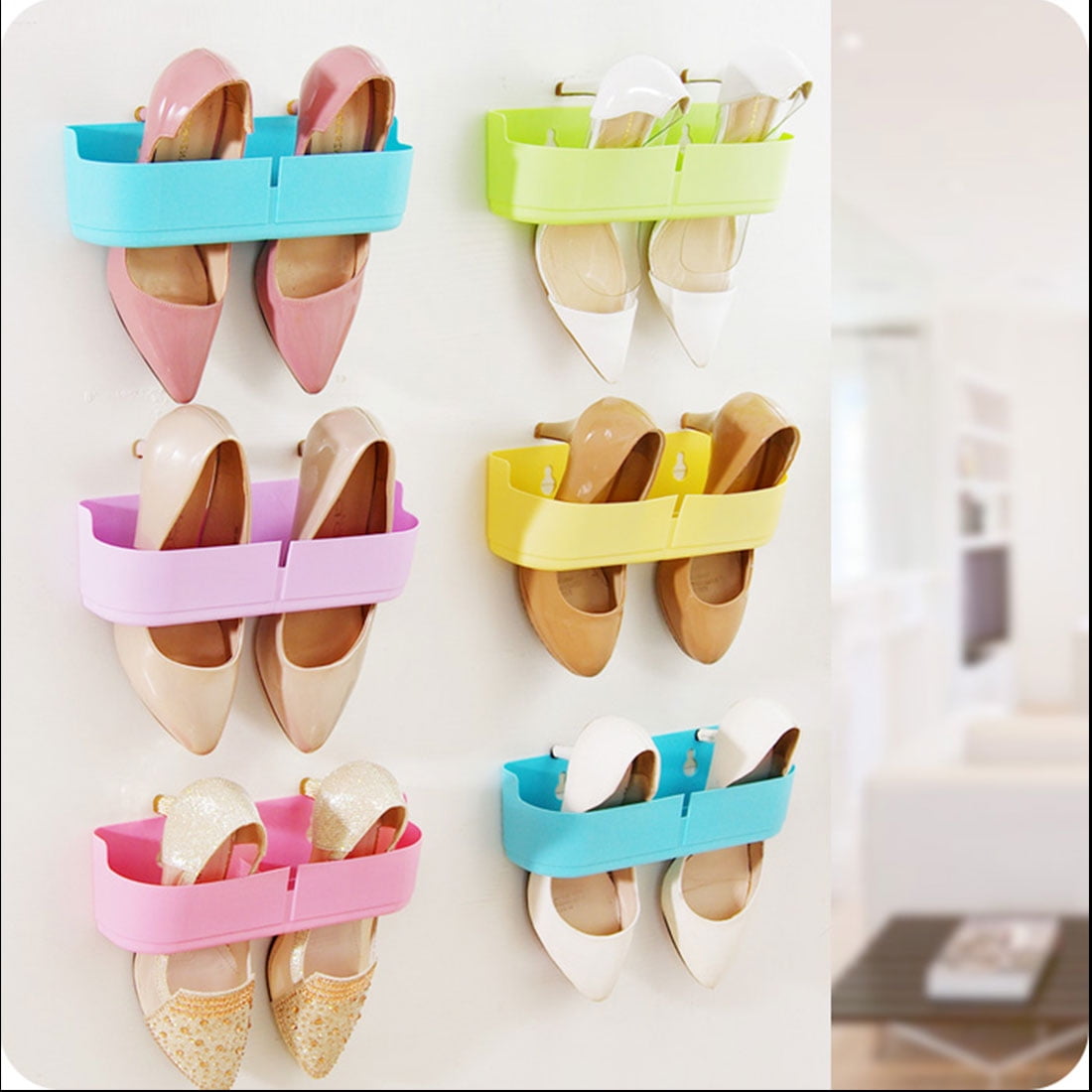 Home Plastic DIY Paste Glue Wall Hanging Hanger Shoe Slippers Shelf