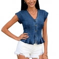 thumbnail image 4 of Women's Denim Vest Trendy Cap Sleeve V Neck Button Down Jean Vest Tops for Summer Crop Waistcoat Dark Blue, 4 of 4