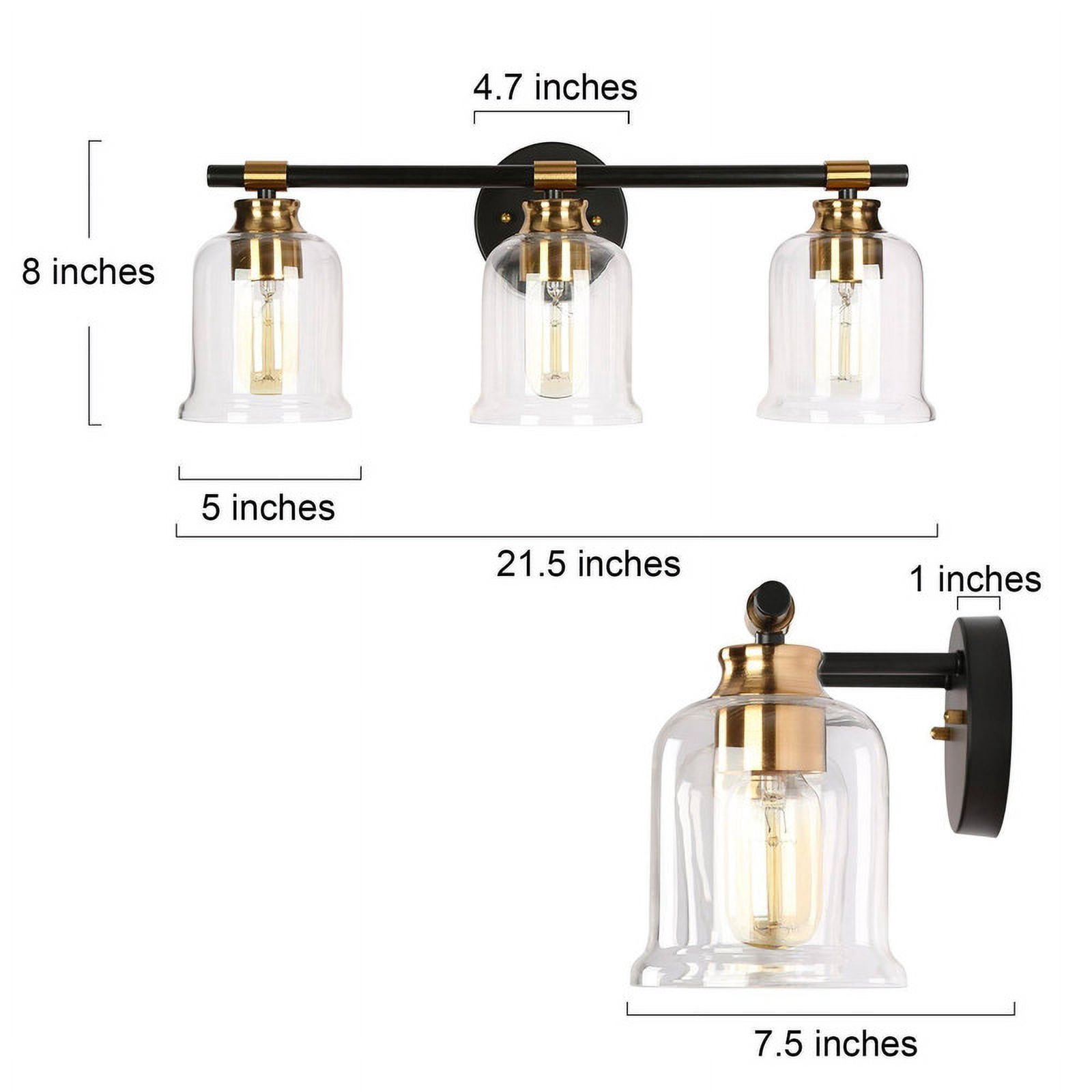 LNC Black & Gold 3-Light Bathroom Vanity Light with Clear Bell Glass Shades, Dimmable