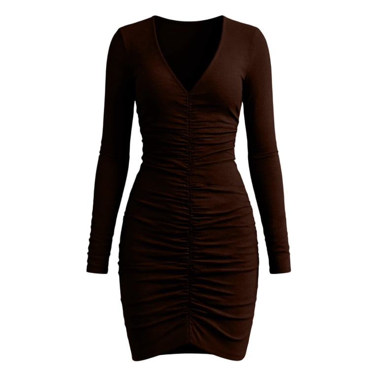 v neck plain bodycon dress Zivyakyron Womens Dresses Long Sleeve Casual Mini Summer Ladies Dresses Short Party Deep Pleated Skinny Dresses waist:33 plus size black see Digital sewing pattern for Polyamide