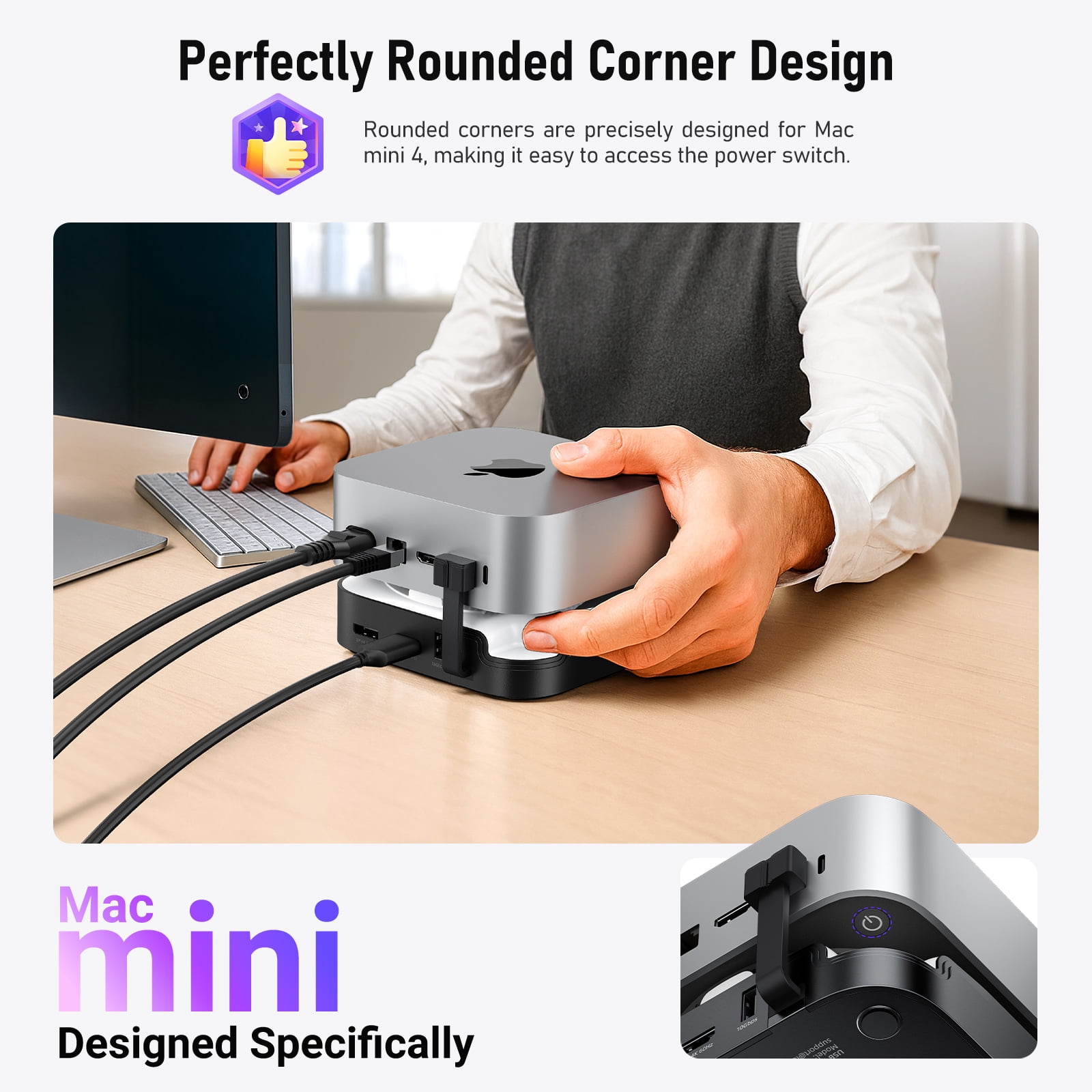 Mac mini M4 Dock, USB-C Hub for Mac mini M4/M4 Pro with NVMe SSD Enclosure,Docking Station 4K 60Hz Dual Monitor,HDMI, DP,4× USB Ports 10Gbps, SD/TF Card Reader