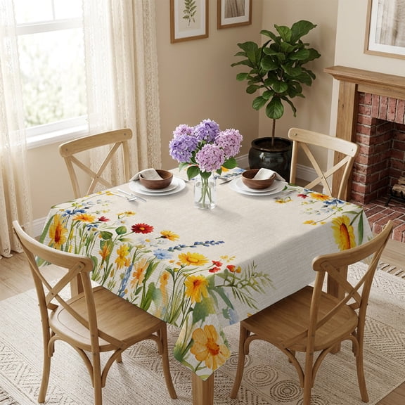 Spring Wildflowers Square Tablecloth 60x60 Inch Country Yellow Daisy Botancial Linen Waterproof Polyester Table Cover, Washable Stain Resistant Tablecloth for Dining Table Kitchen Wedding