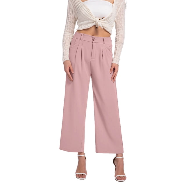 Timegard Wide Leg Pants for Women Ruched High Waist Button Solid Color Casual Work Loose Trousers