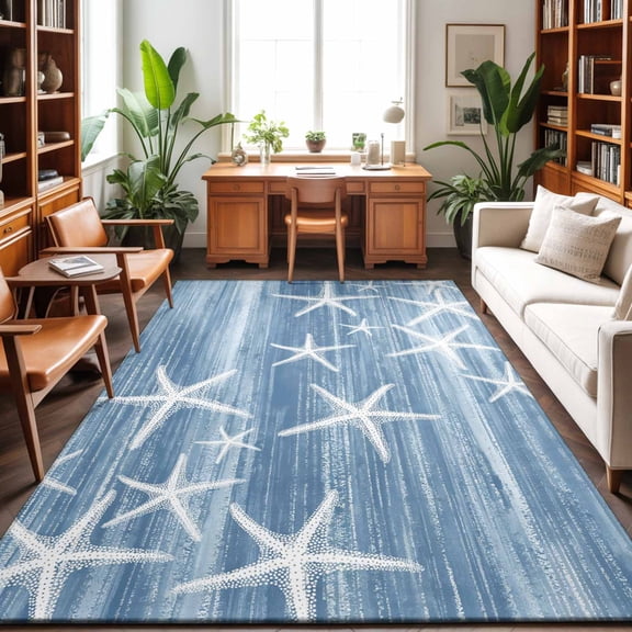 Area Rugs 3'x5', Blue Coastal Carpet Runner Indoor Outdoor Rugs Home Decor Aesthetic, Summer Ocean Waves Ombre Sea Starfish Non Slip Mats Washable Accent Rug for Living Room Bedroom