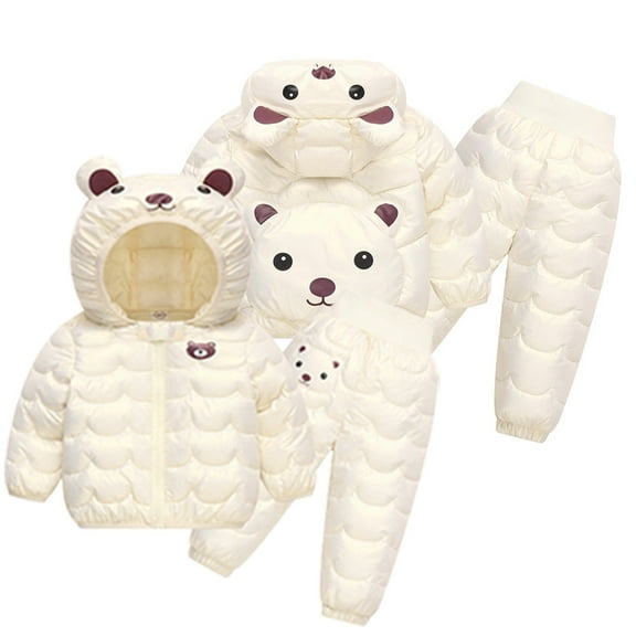 CSChome 12M-5Y Toddler Boys Girls Snowsuit Outfit Kids Puffer Cotton Winter Hooded Coats   down Cotton Pants Baby Windproof Skiing Suit Set 2PCS