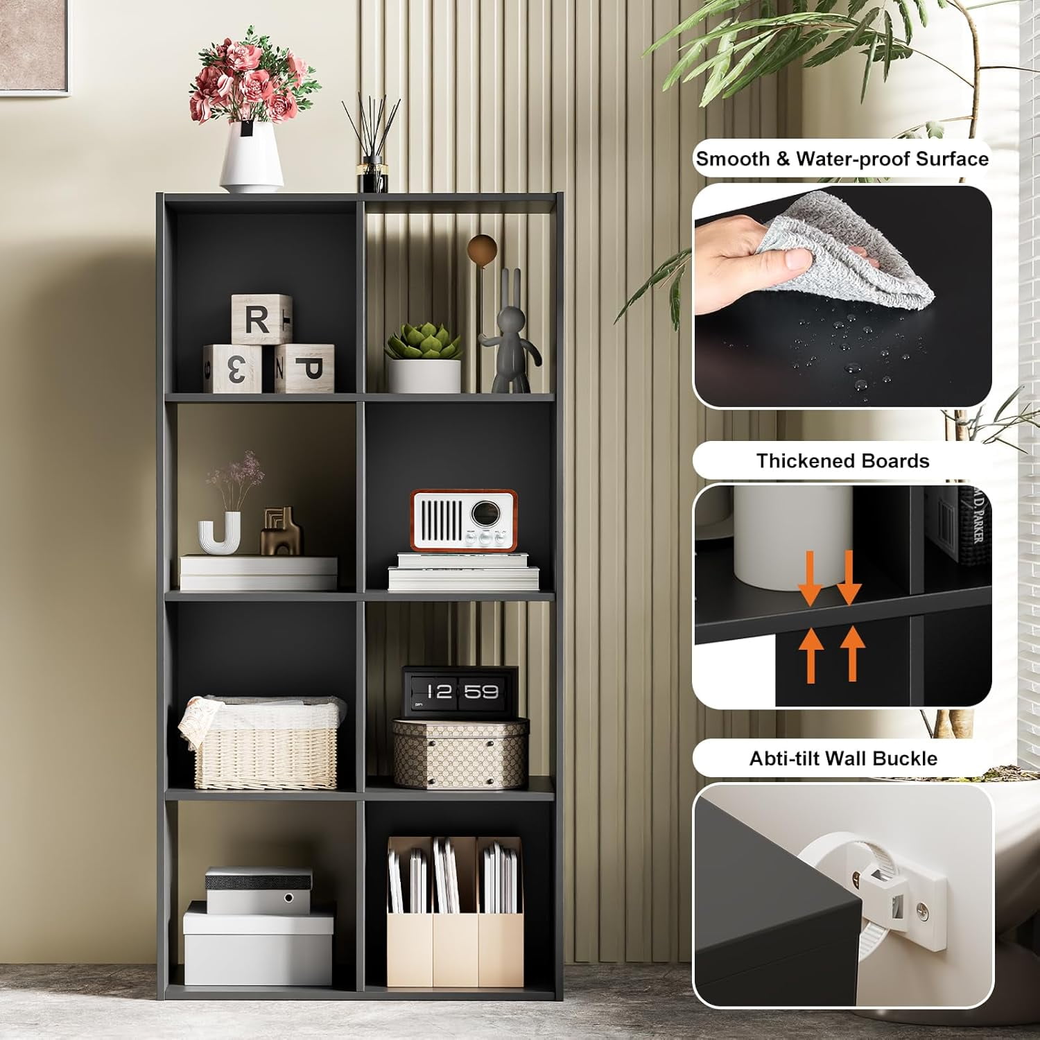 Black Cube Storage Unit, 4-tier Bookcase with 8 Cube Storage Unit, Open Display Bookcase with Removable Back Panels for Living Room, Home Office, Bedroom,