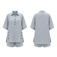 thumbnail image 3 of Favoffer Womens Linen Blend Sets Lapel Button Top Elastic Waist Pocketed Shorts Solid Color Casual 2 Piece Outfits for Vacation Beach Shopping Weekend, 3 of 7