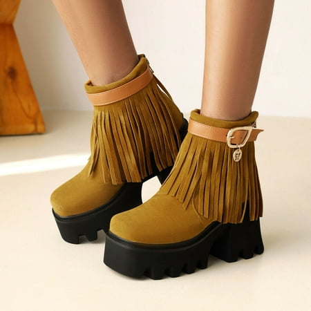 

VKEKIEO Sock Boots Round Toe High Heel Walking Shoes Fringe Slip-On Yellow Fall Boots