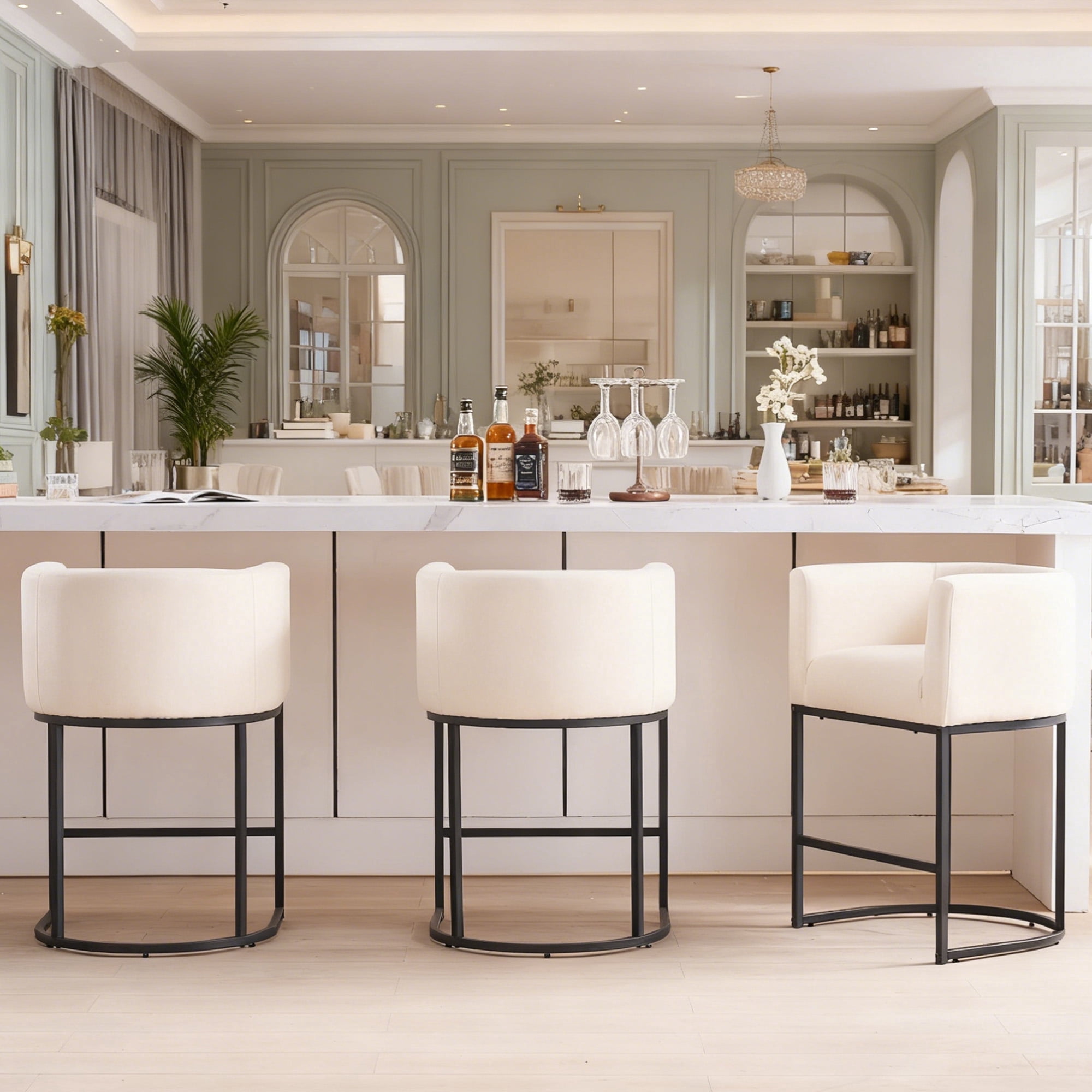 ClinQ Counter Height Bar Stool Set of 3, 26 in Fabric Upholstered Seat, Metal Legs for Indoor Dining Room and Kitchen Island, Beige