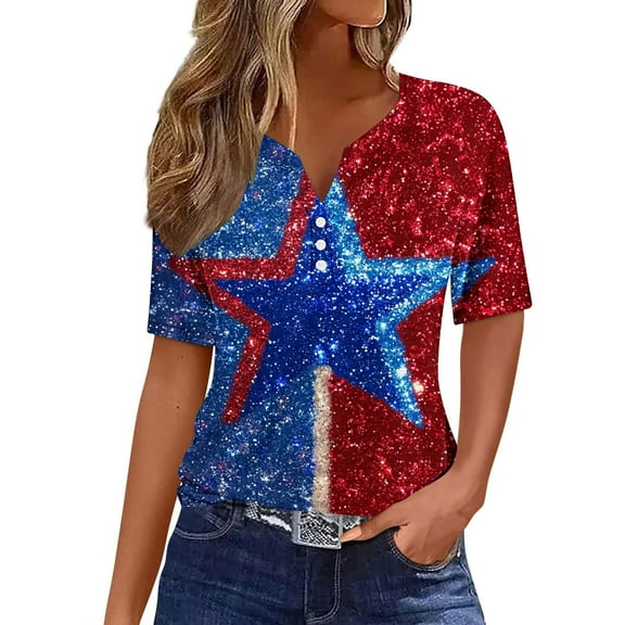 4th of July Shirts for Womens Fashion American Flag Graphic Tees Tops Dressy Henley V Neck Button-up Blouses Short Sleeve Tunic Tops Glitter Stars Striped USA Flag Tshirts Summer Casual Tops