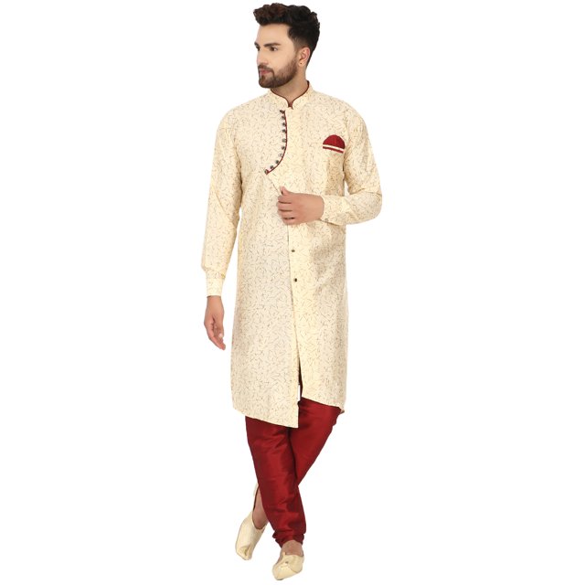 SKAVIJ Kurta Pajama Set for Men Traditional Wedding Party Dress Beige M