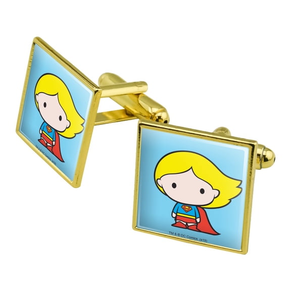 Superman Supergirl Cute Chibi Character Square Cufflink Set - Silver or Gold