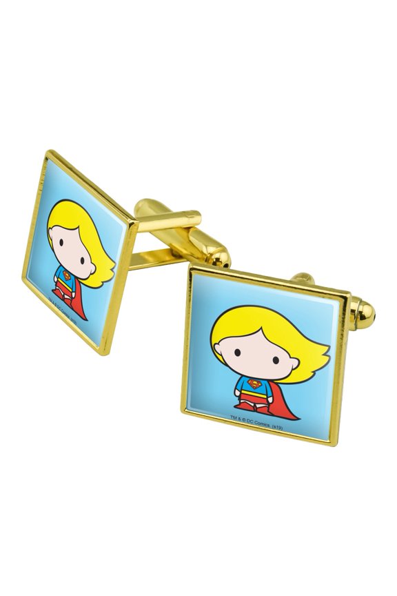 Superman Supergirl Cute Chibi Character Square Cufflink Set - Silver or Gold