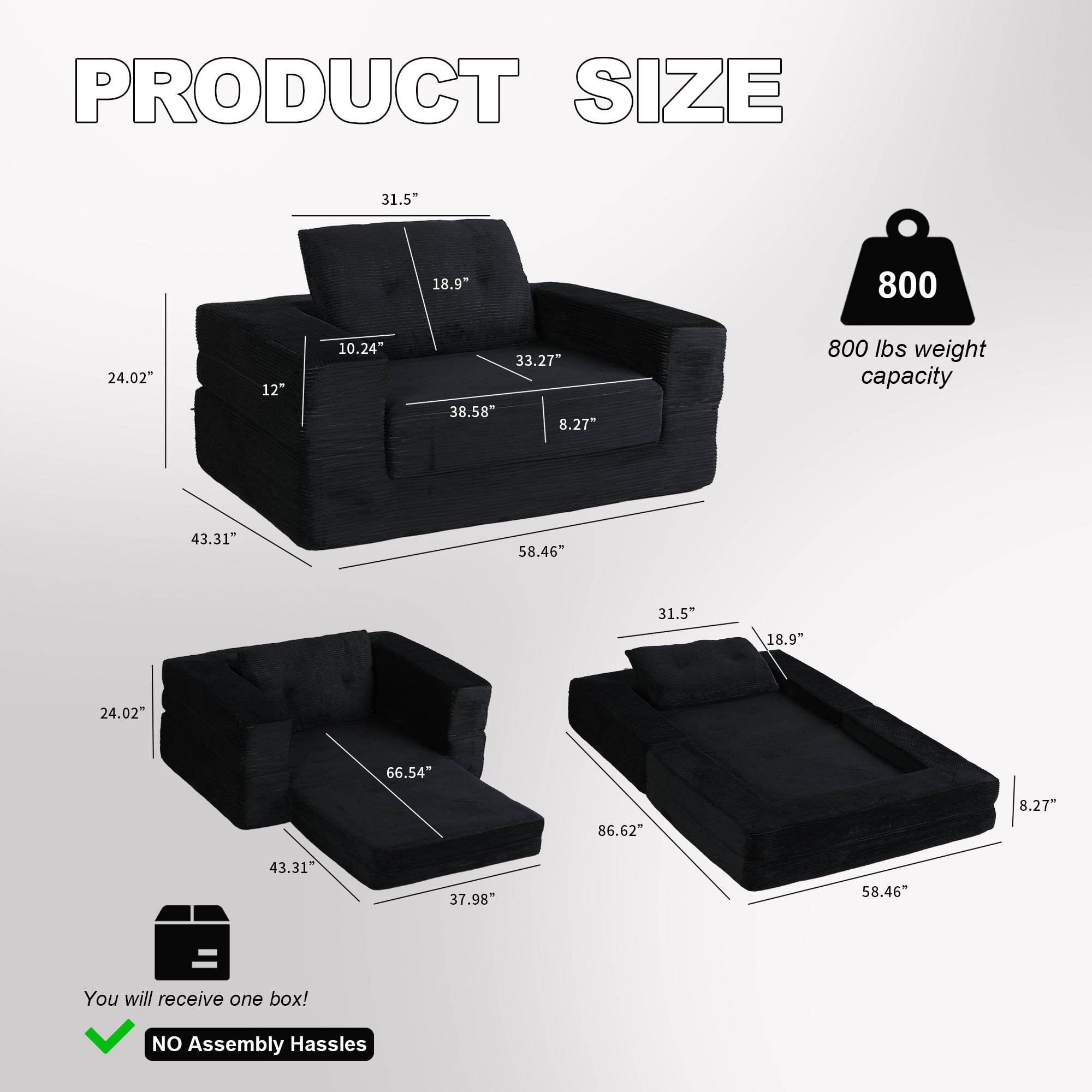 Leumius Single Sofa Bed with Pillow,Boneless Folding Sofa Bed for Living Room Bedroom,No Assembly Required,Black