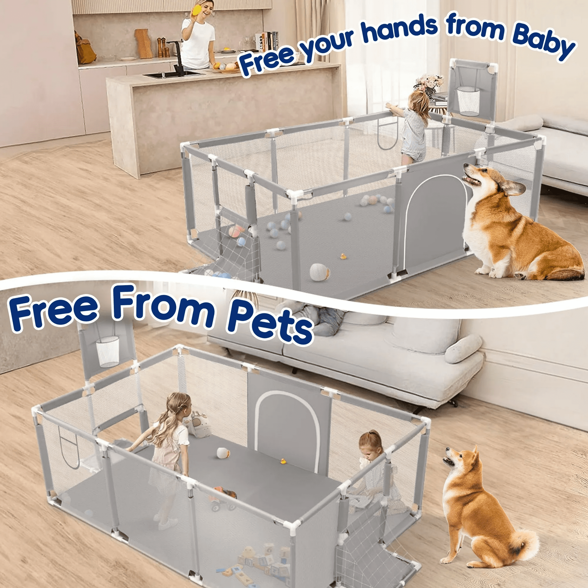 71" x 48" Extra Large Playpen for Babies Toddlers, Baby Playard with Basketball Hoop, No Gap Kids Fence Play Area Ball Pits, Infant Safety Play Yard with Door/Soccer Net