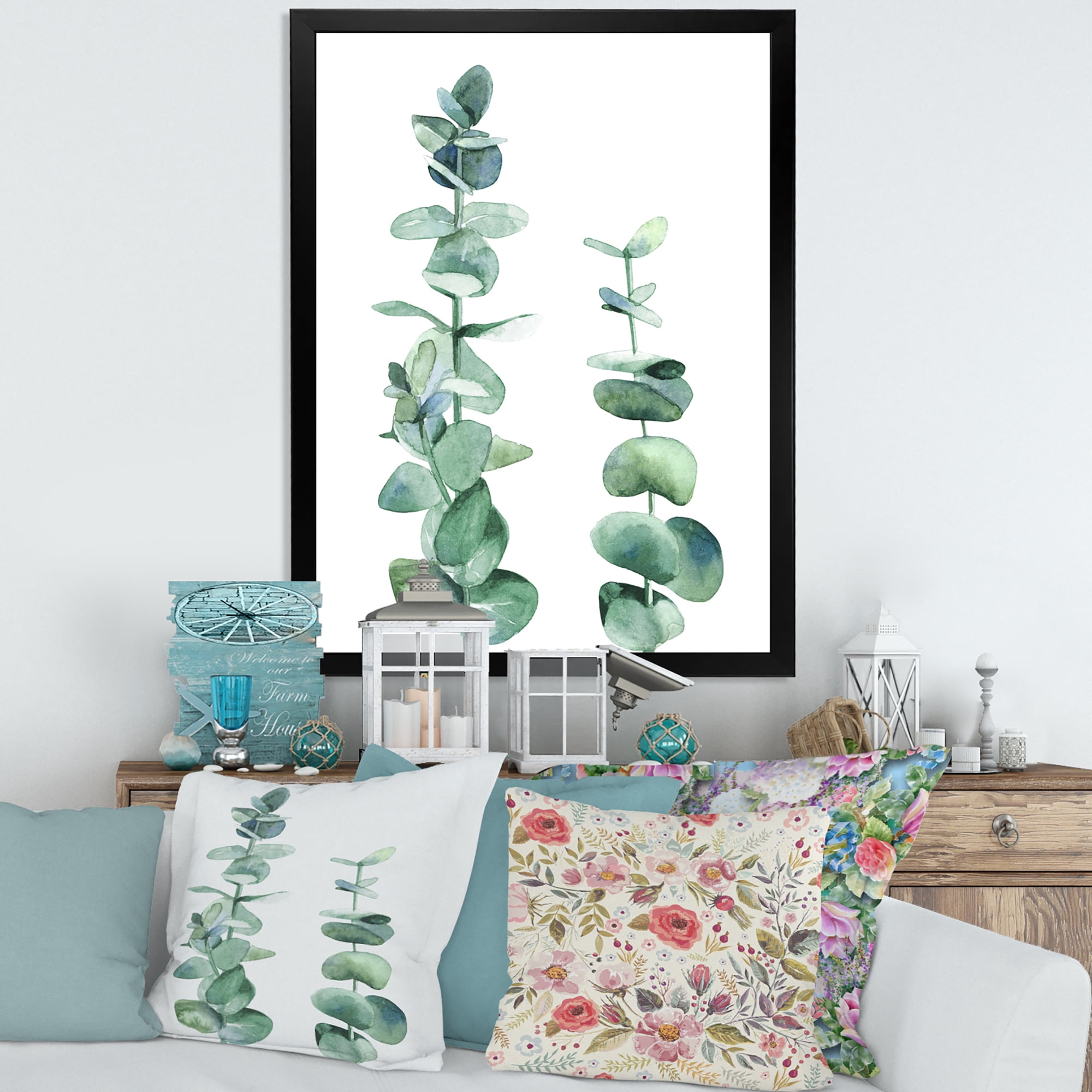 Designart 'Green Eucalyptus Branch' Tropical Framed Art Print