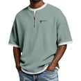 thumbnail image 2 of Waffle Knit Short Sleeve Henley Shirts for Men Oversized Casual Half Zip Pullover T Shirts with Zipper Pockets Textured Knit Tops Light Green 4XL, 2 of 9