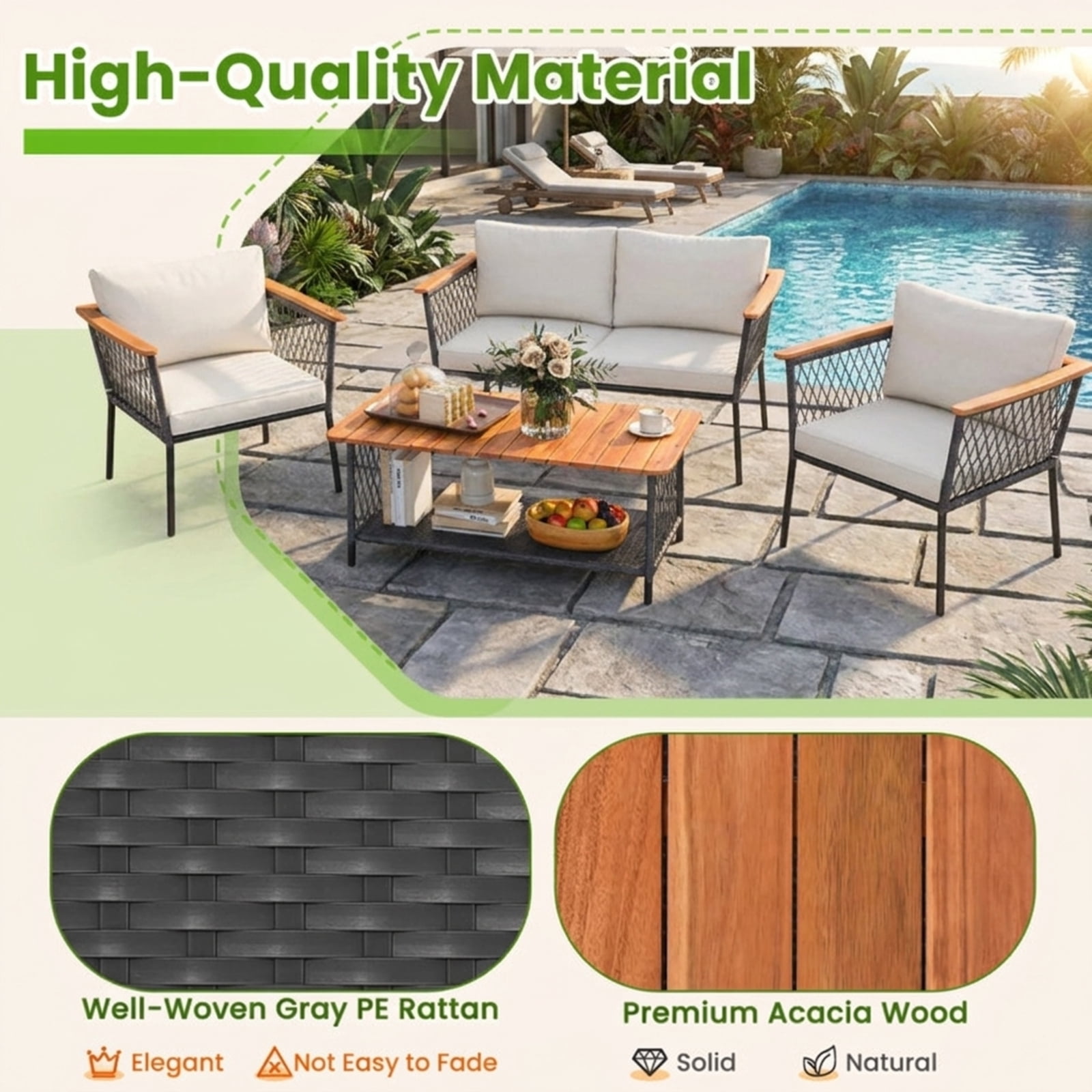 Furnibear 4 Piece Patio Furniture Set Outdoor Wicker Conversation Set with Cushioned Sofas and 2 Tier Coffee Table for Backyard Garden, Gray