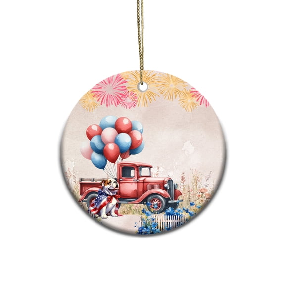 Vintage Patriotic Bulldog 4th of July Independence Memorial Day Ceramic Round Ornament Dog Lover Gifts Idea Home Tree Decor - 01006