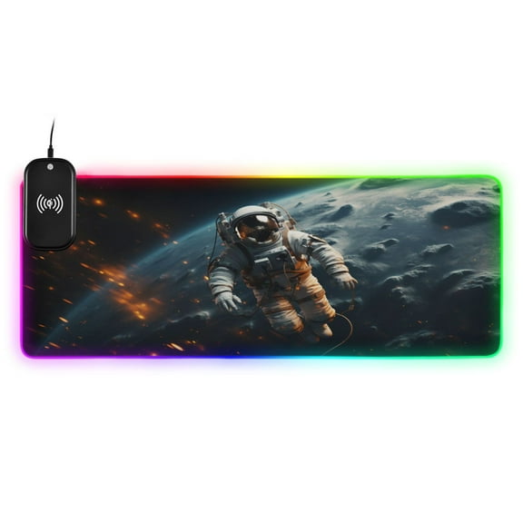 Wireless Charging Mouse Pad Large RGB Gaming Desk Mat 13 Light Modes Mousepad 31.5x11.8 Floating Astronaut and Earth