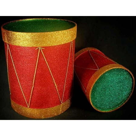 Set of 2 Sparkling Red Gold and Green Glitter Christmas Drum Table Top Decor 14"