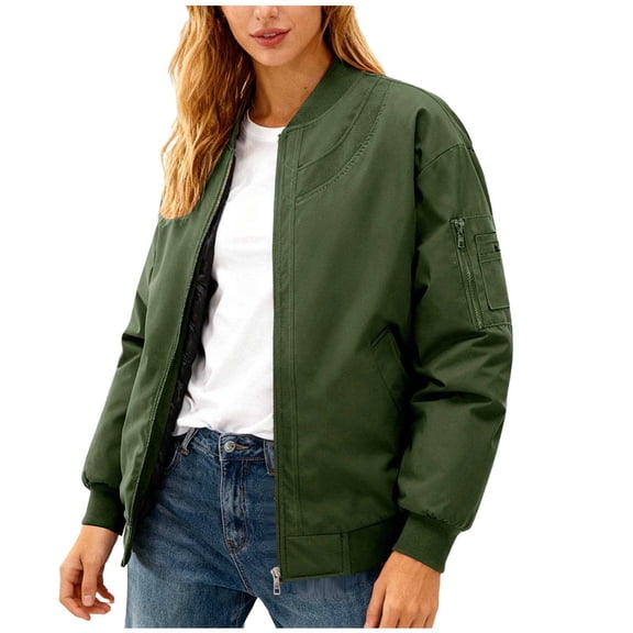 Uaswgudfs Women's Solid Color Bomber Jacket Zipper Stand Collar Long Sleeve Casual Outerwear with Two Pockets Green L