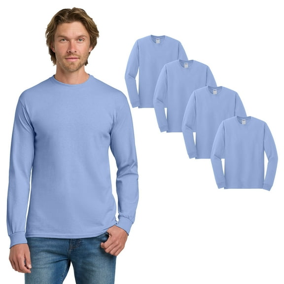 Gildan Men Long Sleeve T-Shirt, Heavy Cotton Classic Fit 4 Pack Bulk Carolina Blue Tee, L