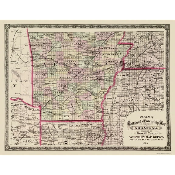 Historic State Map - Arkansas - Cram 1875 - Vintage Wall Art