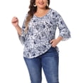 thumbnail image 1 of Blusa de mujer de talla grande GRACE & GRANDEUR con estampado floral, cuello en V, volantes en capas y mangas acampanadas 1X blanca y azul, 1 of 1
