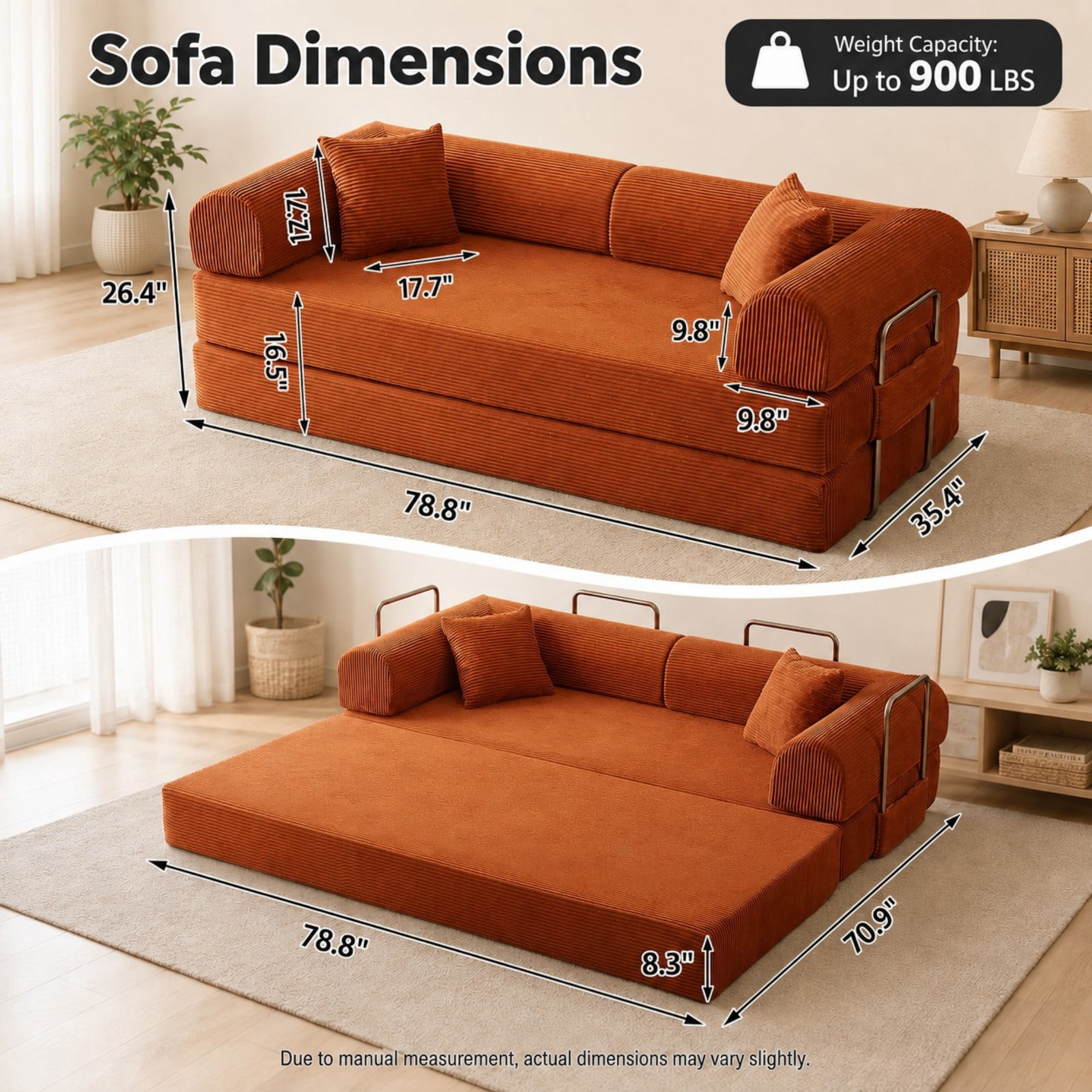 DEALTOPS 79" Convertible Corduroy Floor Sofa Bed, Modular Sleeper Couch with Memory Foam, Orange