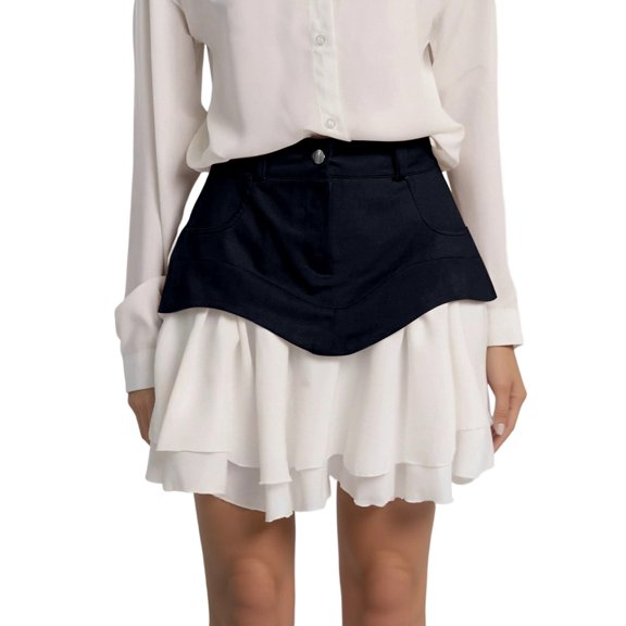 Yuncity Women Skirts Solid Color High Waist Elastic Flare Layered Ruffle Hem Summer Elegant Cute Leisure Outdoor Daily Wear Women's Skirts Size L Black