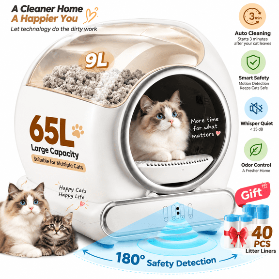 Self-Cleaning Litter Box for Multiple Cats – Automatic Cat Litter Box with App Control & Smart Safety Sensors, Odor Control, large cat litter box – Includes 2 Roll Litter Liner Bags