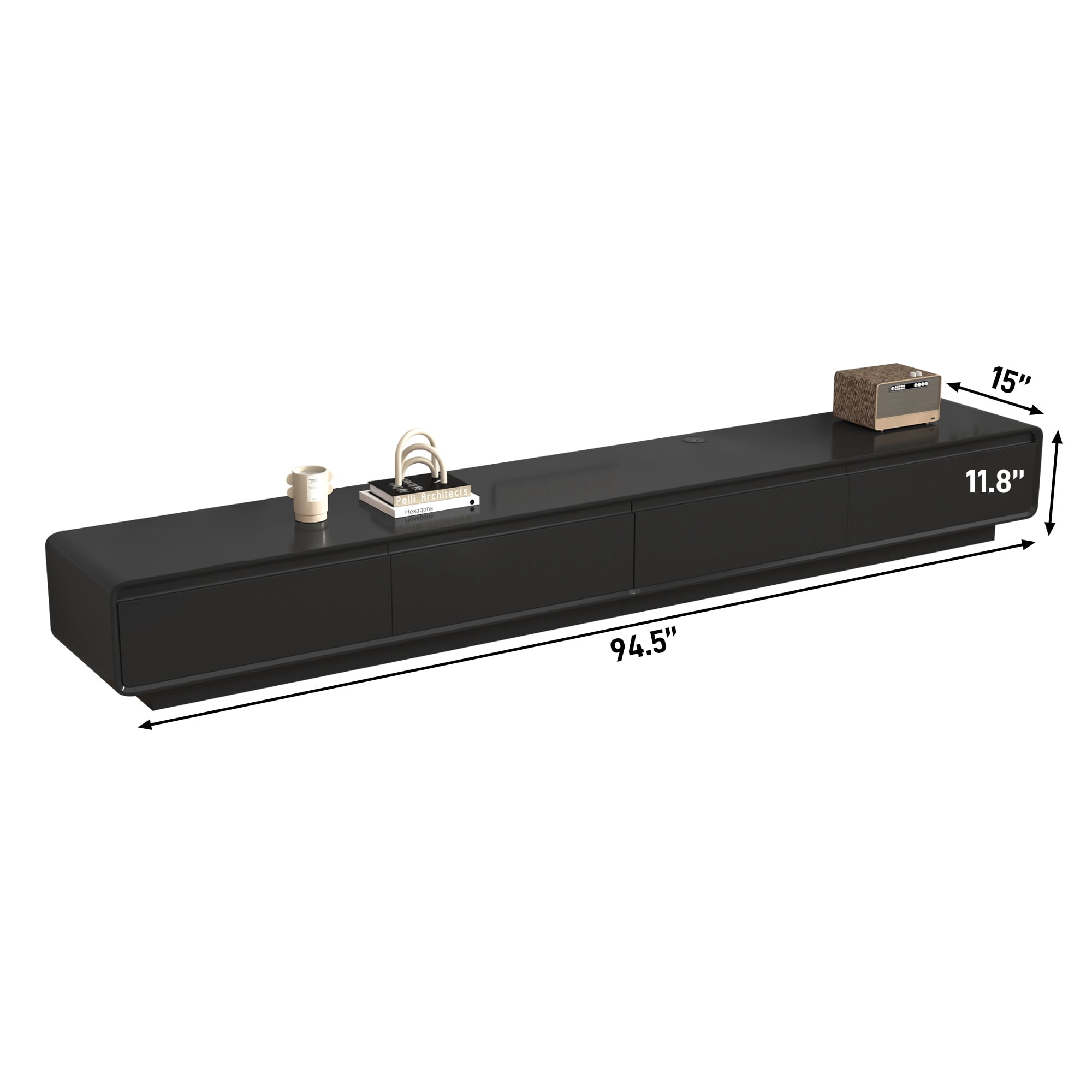 Blotout 94.5'' Minimalist Floating TV Stand, Modern Wall-Mounted Media Console with 4 Drawers for Wall-mounted TV Up to 110'', Black