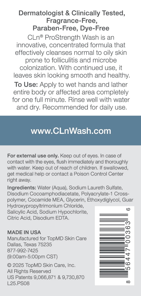 CLn ProStrength Wash, 8 fl oz, Salicylic Acid Body Wash for Oily & Acne Prone Skin, Fragrance Free Cleanser