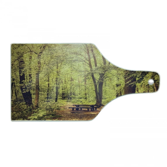 Forest Cutting Board, Picnic Table in the Forest Foliage Greenery Nature Theme Summer and Winter Theme, Tempered Glass Cutting and Serving Board, Wine Bottle Shape, Green Brown, by Ambesonne