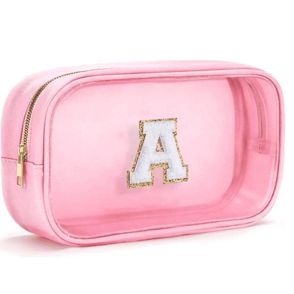 Soda Candy Initial Clear Makeup Bag Personalized Preppy Cosmetic Bag Travel Toiletry Bag Waterproof PU Large Make up Pouch Bag for Purse Birthday Xmas Gift Cute Stuff for Women, Pink, A