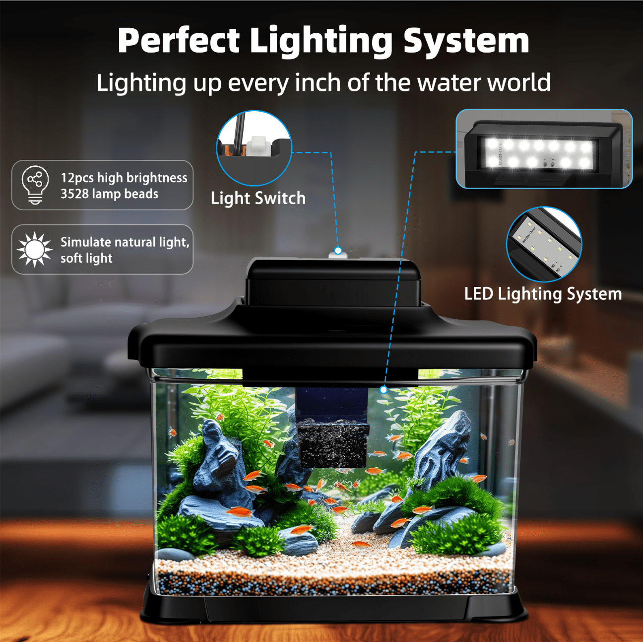 DaToo Small Fish Tank Ultra-Clear 1.6 Gallon Aquarium Starter Kits with LED Lighting and Filter System Beginner-Friendly Mini Betta Aquarium for Small Fish Shrimp Desktop Room Decoration