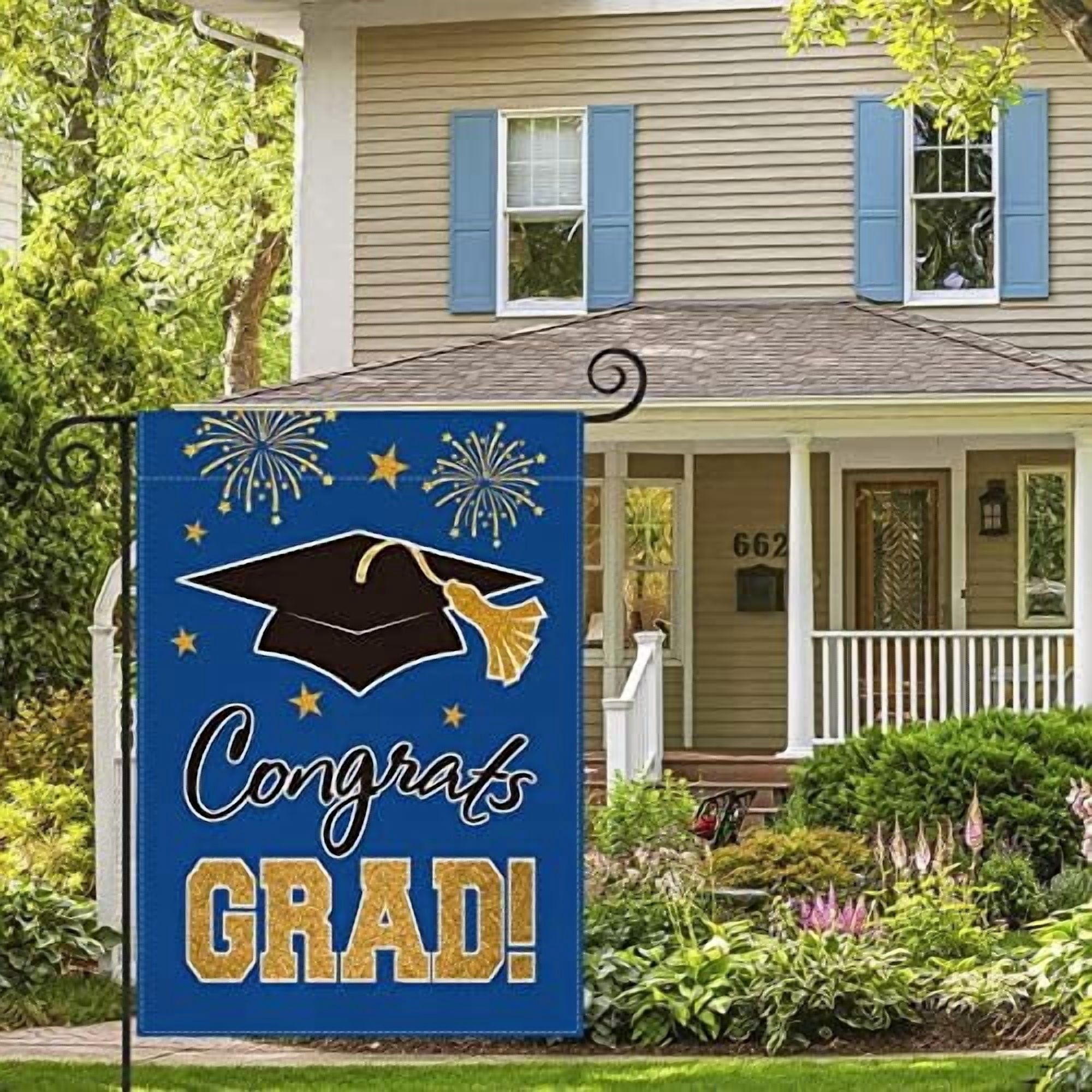 Jointown Congrats Grad Diploma Cap Garden Flag Double Sided, Class Of 2026 Graduation Ceremony Yard Outdoor Decoration 12 x 18 Inch Blue