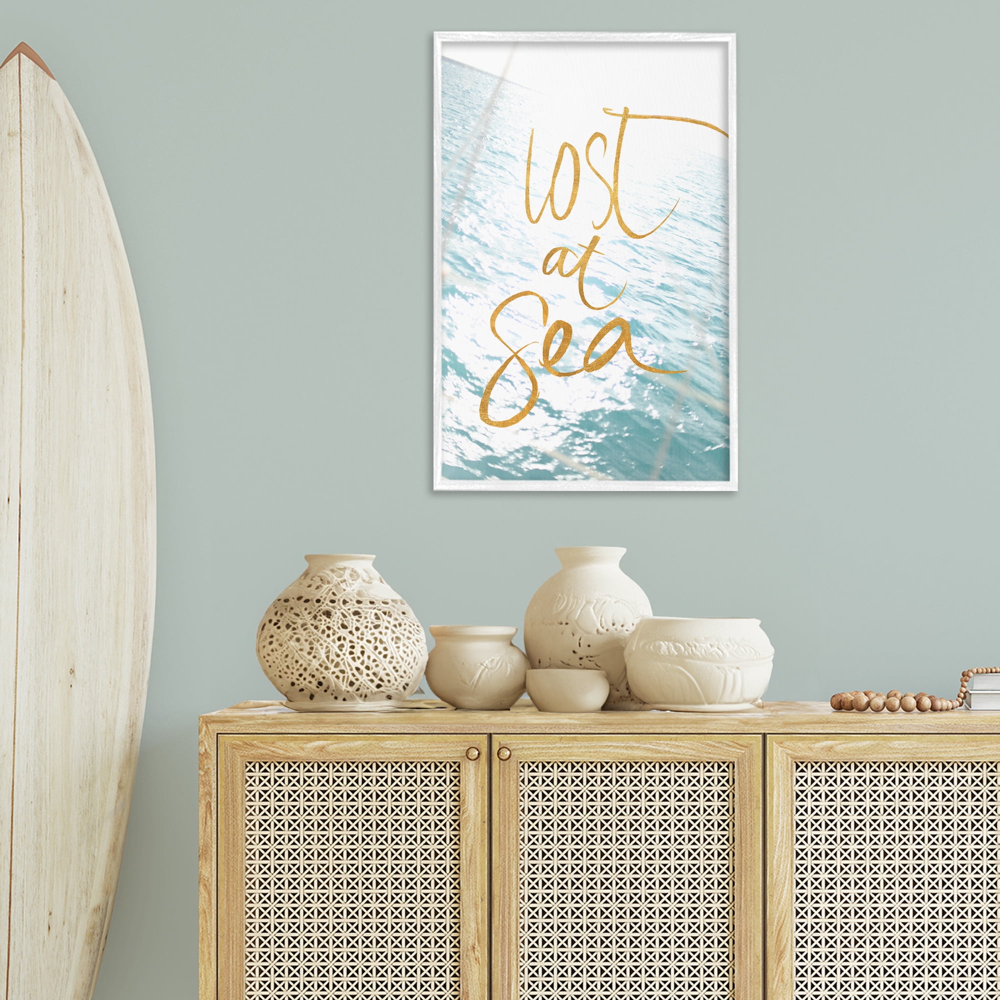 Stupell Industries Lost At Sea Phrase Coastal Painting White Framed Art Print Wall Art, 20 x 30