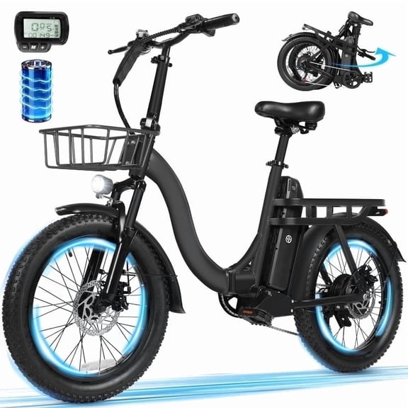 ESKUTE D200 Electric Bike for Adults 1200W Peak Motor 28 Mph, Folding Fat Tire E‑Bike, 48V 10.4Ah Up to 55 Miles, 7‑Speed Step‑Through Cargo E Bicycle, NFC Unlock, Black with Front Basket, UL2849