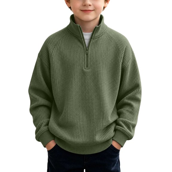 Iyufng Boys Kids Waffle Texture Quarter Zip Mock Neck Sweatshirts Ribbed Cuff & Hem Relaxed Fit Daily School Long Sleeve Pullover