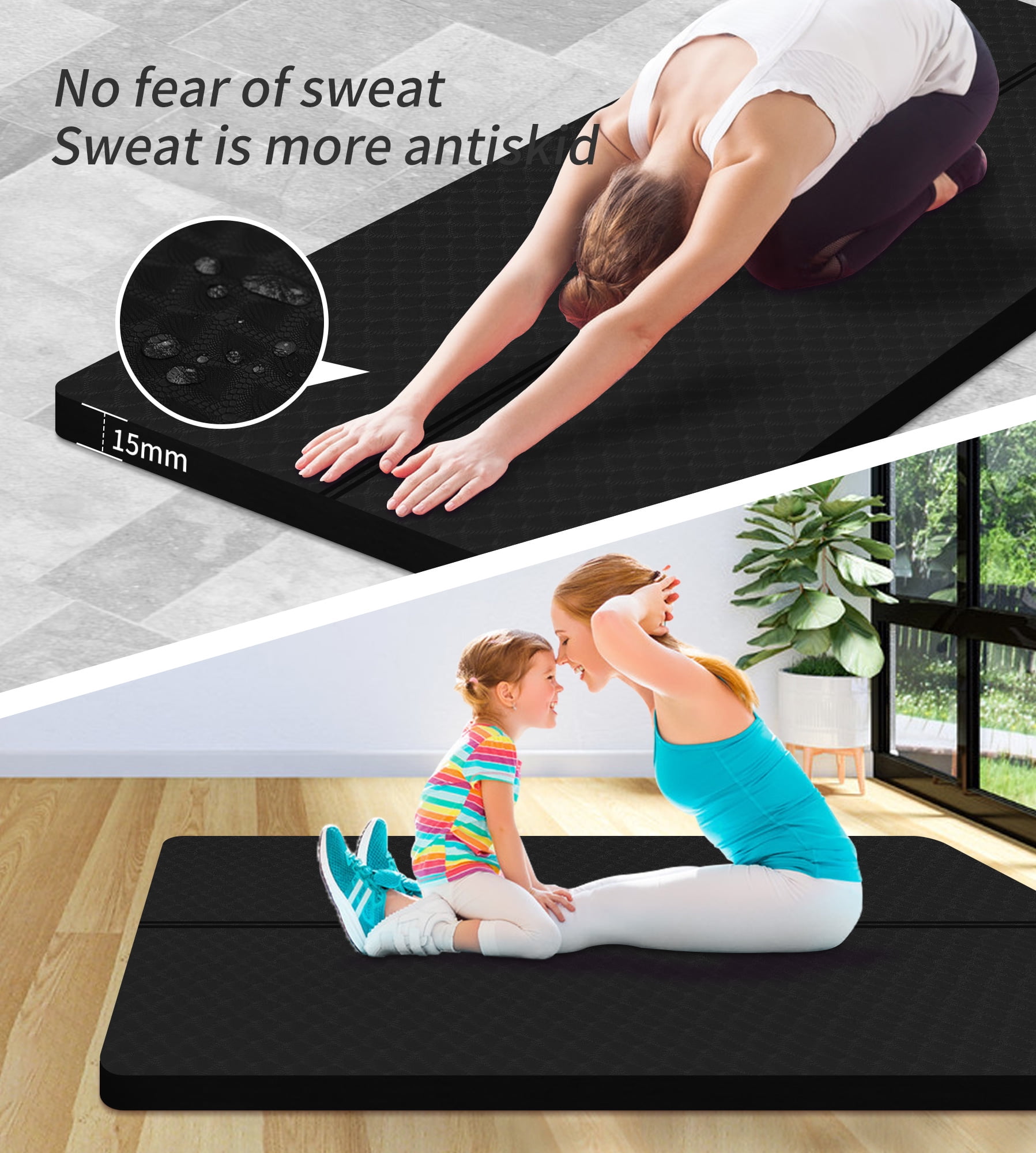 Extra Thickened 15mm Exercise Mat (72" x 32") for Men & Women Non Slip with High Density Large Shock Absorber Pad for Home Gym Travel & Floor Outside Fitness in Black