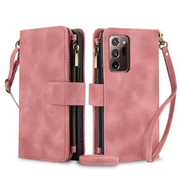 TECH CIRCLE For Galaxy Note 10 Case with Card Holder,PU Leather Zipper Pocket Flip Folio Wallet Case with Crossbody Wrist Strap Kickstand Protective Case for Samsung Galaxy Note 10 6.3" 2019,Rosegold