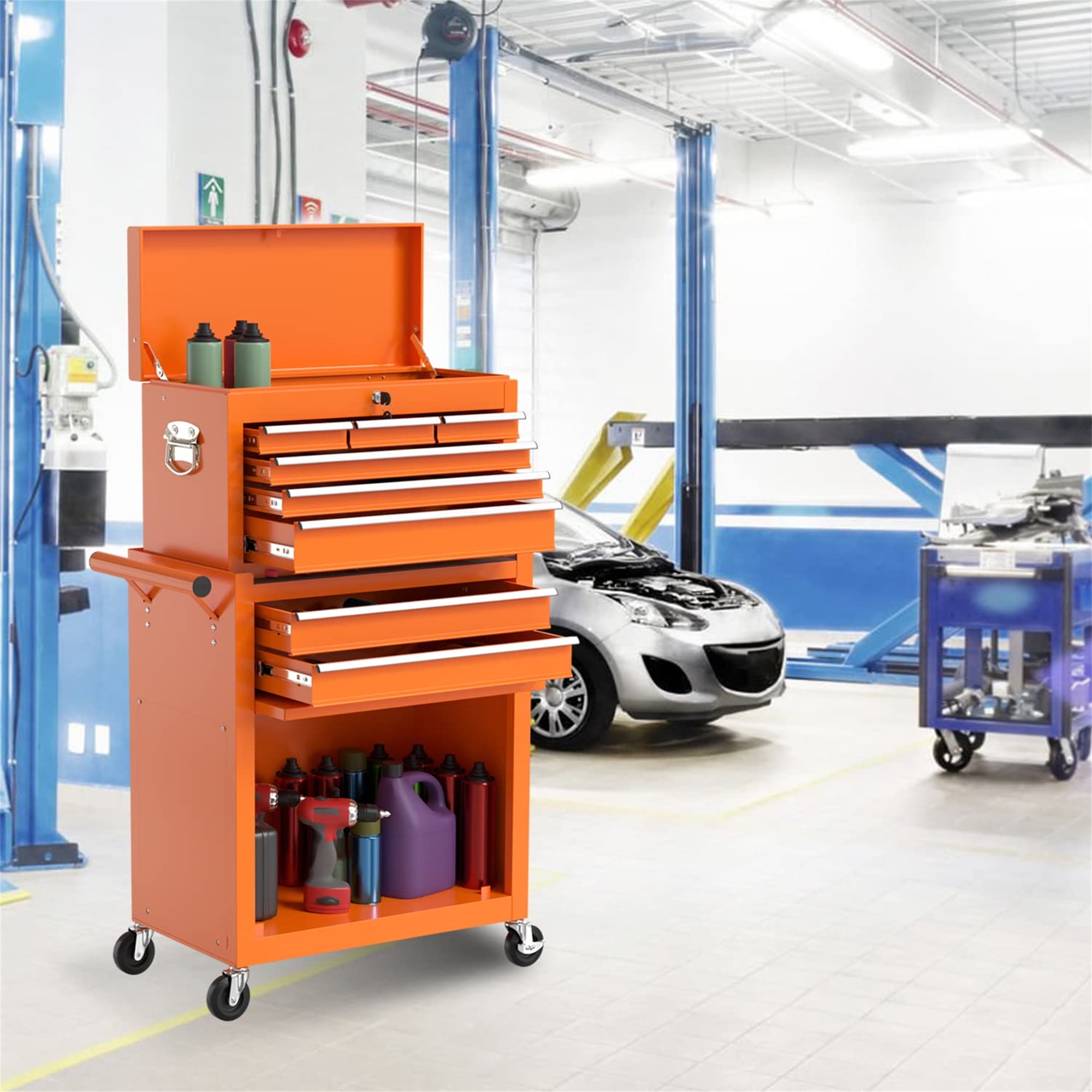 Aukfa Tool Chest, 2 in 1 Steel Rolling Tool Box & Cabinet On Wheels for Garage, 8-Drawer, Orange