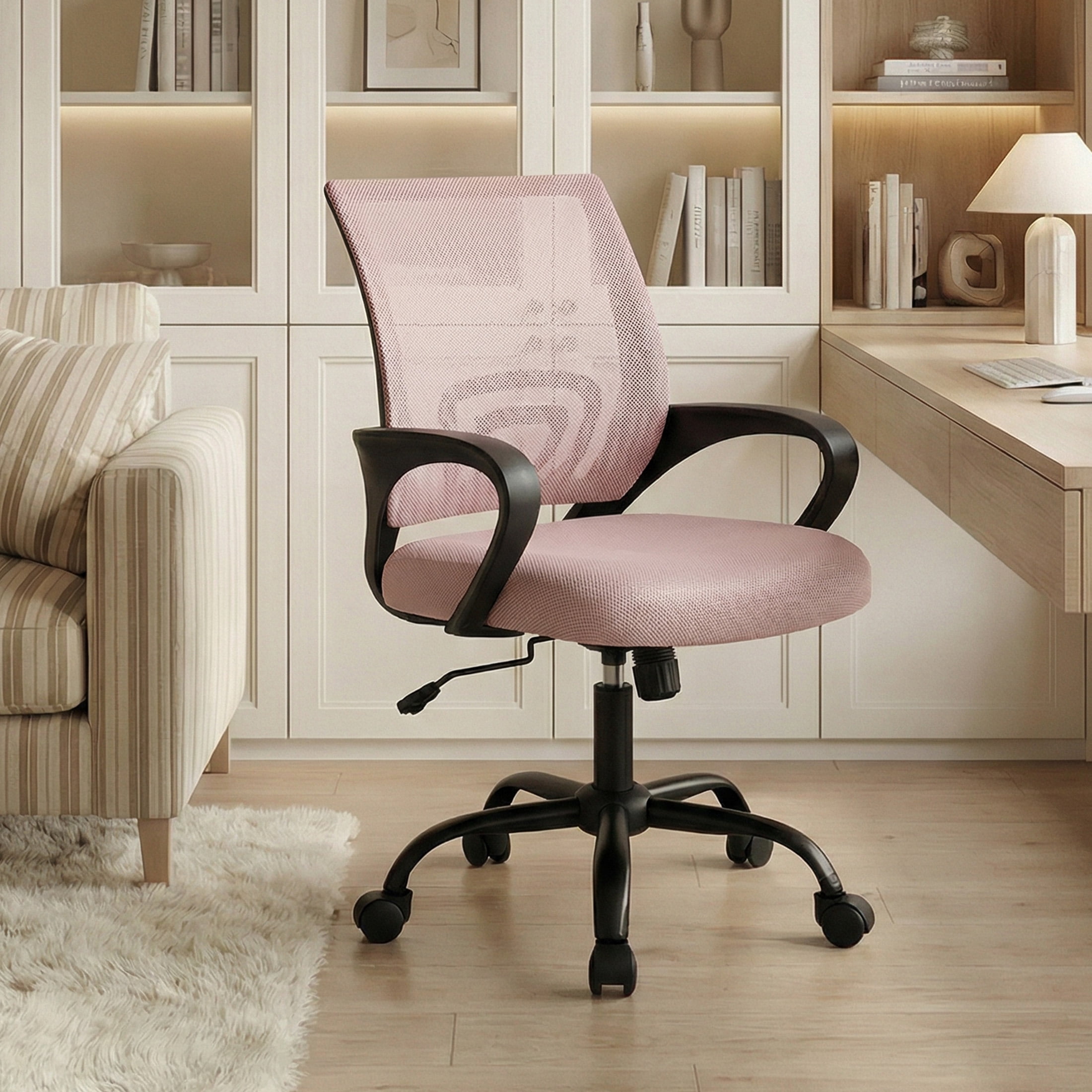 EDX Ergonomic Mid-Back Office Chair - Swivel Desk Chair with Lumbar Support, Breathable Mesh Backrest, Adjustable Height, Sponge Seat & Smooth Rolling Wheels, Pink