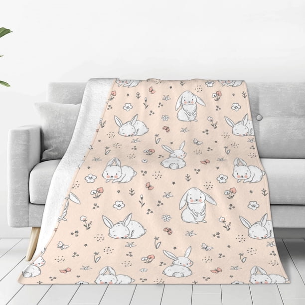Fotbe Cute Rabbit Manta de Franela Acolchonada con Estampado, Súper Suave y Esponjosa, Extra Grande para Sofá, Cama, Uso Todo el Año-60"x50"