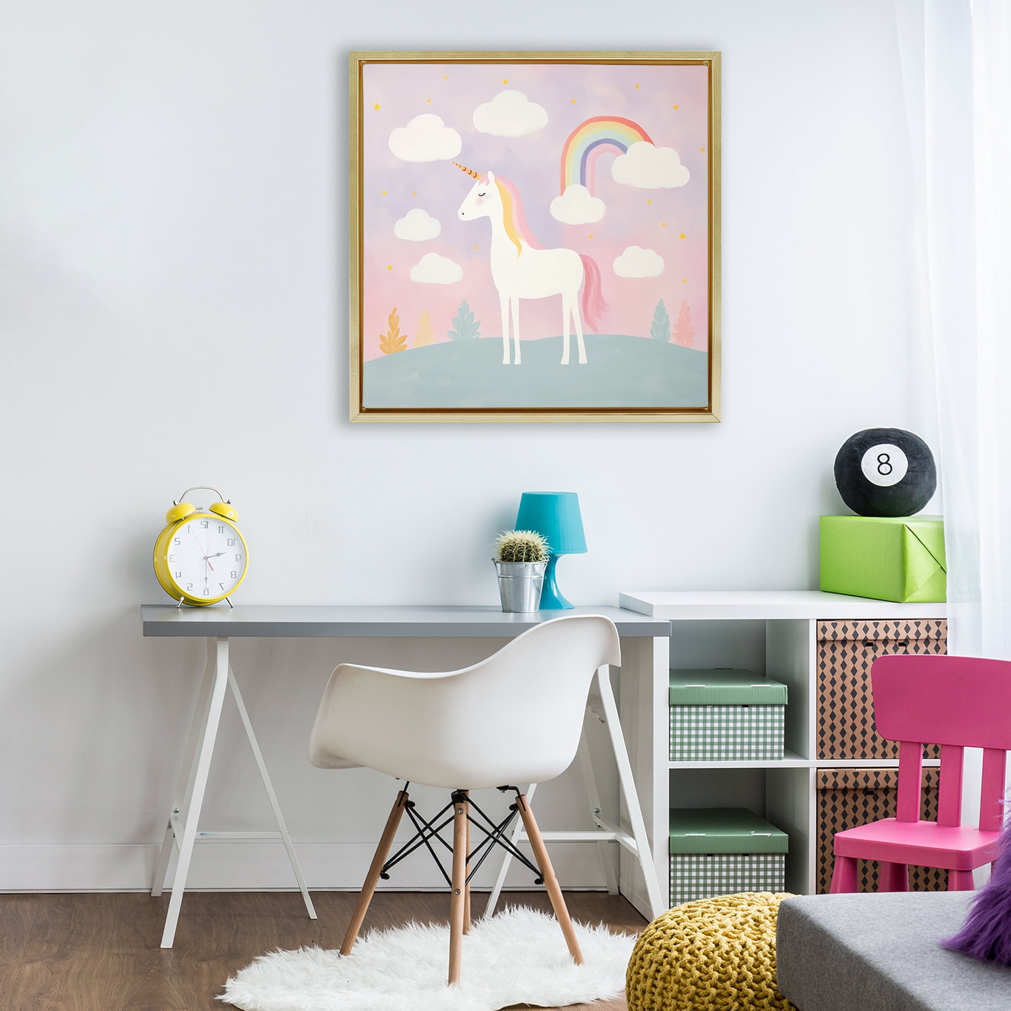 Stupell Industries Mystical Unicorn with Rainbow & Clouds Gold Framed Floater Canvas Wall Art, design by Lazar Studio