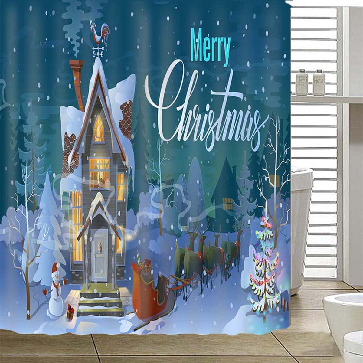 Cartoon Christmas Image Shower Curtain Bathroom Decor Fabric & 12hooks 71x71” 